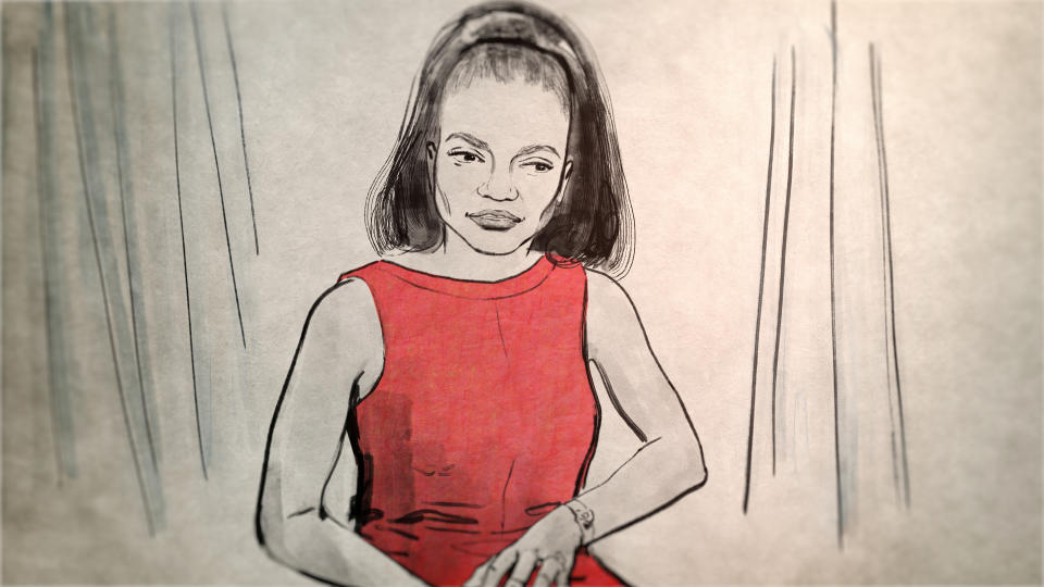 An illustration of Eartha Kitt at the White House in "The Lady Bird Diaries"