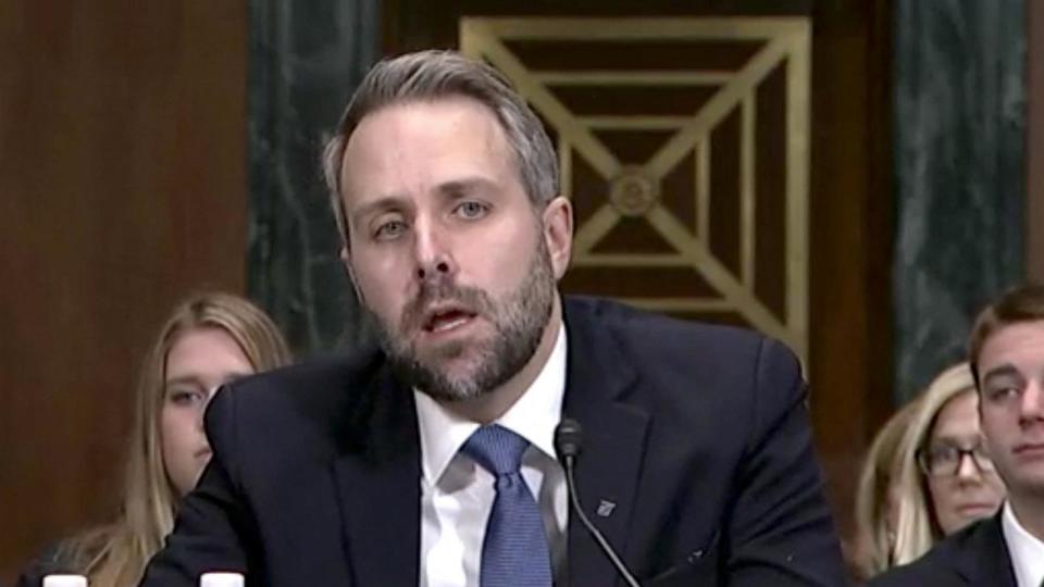 PHOTO: Alaska lawyer Joshua Kindred speaks during a judicial nomination hearing at the U.S. Senate Committee on the Judiciary in Washington, DC, Dec. 4, 2019 in a still image from video.  (U.S Senate Committee On The Judiciary/via Reuters)