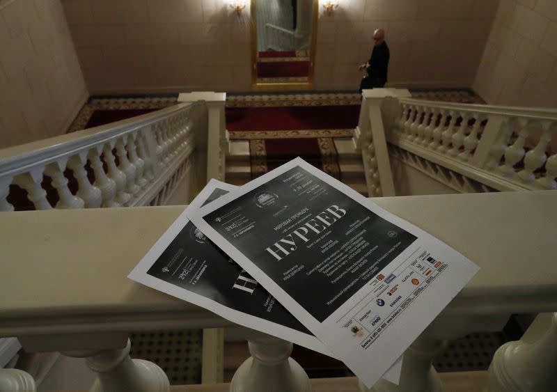 FILE PHOTO: Leaflets of the "Nureyev" ballet by director Kirill Serebrennikov, about the late Soviet ballet dancer Rudolf Nureyev, are seen on a staircase banister at the Bolshoi Theatre in Moscow