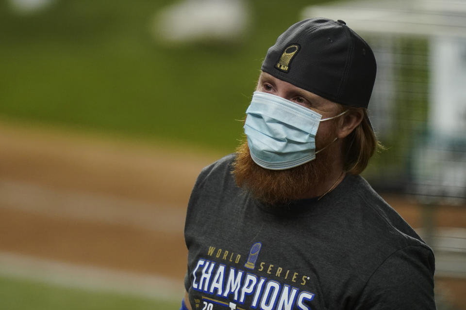 Los Angeles Dodgers third baseman Justin Turner celebrates after defeating the Tampa Bay Rays 3-1 to win the baseball World Series in Game 6 Tuesday, Oct. 27, 2020, in Arlington, Texas.(AP Photo/Eric Gay)