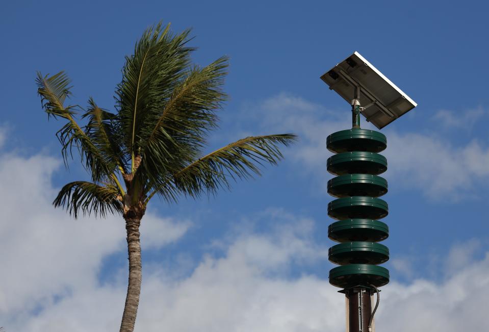 A statewide outdoor warning siren system is seen in a neighborhood on August 13, 2023 in Kihei, Hawaii. Hawaii Gov. Josh Green has asked the state’s attorney general to open a comprehensive review of the statewide outdoor warning siren system that failed to warn thousands of Lahaina residents about a wind driven wildfire that was headed to town this past week. At least 93 people were killed and thousands were displaced from the deadliest wildfire in over 100 years. Crews are continuing to search for nearly 1,000 missing people.