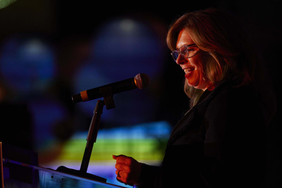 Oregon Republican gubernatorial candidate Christine Drazan speaks to supporters in Silverton, Ore., Tuesday, Nov. 8, 2022. (AP Photo/Craig Mitchelldyer)