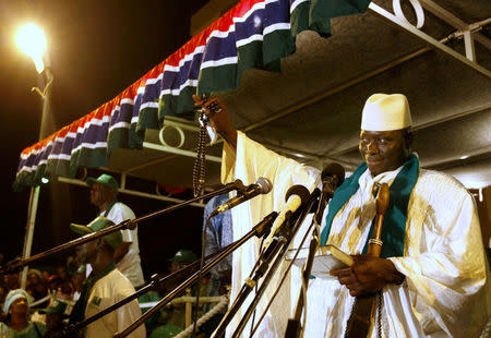 FILE PHOTO: Gambian President Yahya Jenneh gestures during a speech at his final campaign rally in the capital Banjul, September 20, 2006. REUTERS/Finbarr O'Reilly/File Photo