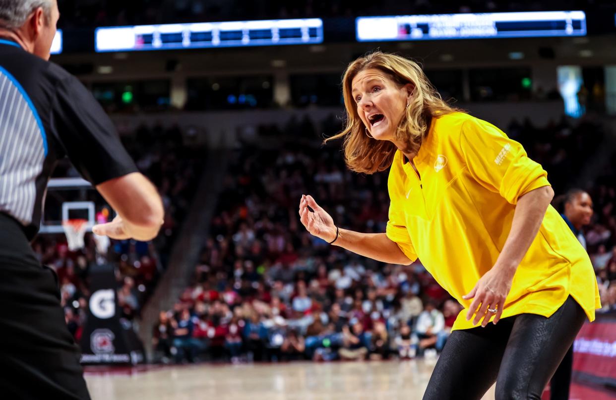 Missouri Tigers head coach Robin Pingeton disputes a call against the South Carolina Gamecocks in the first half on Jan. 15, 2023 at Colonial Life Arena.