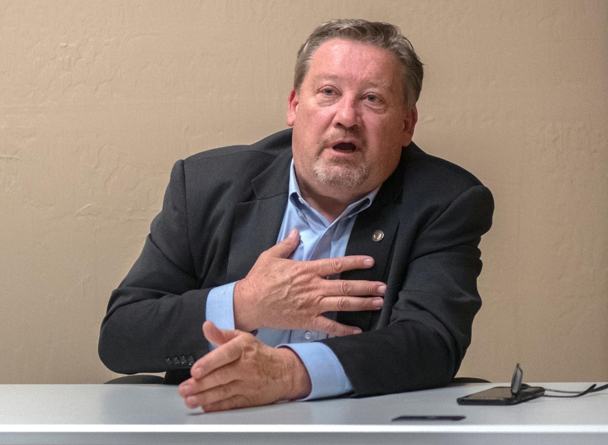 Steve Ding, candidate for San Joaquin County Supervisor District 4, has a conversation at the Stockton Record in downtown Stockton on Oct. 28.