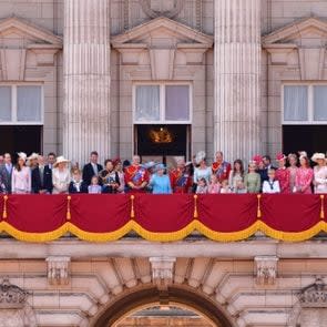 Queen Elizabeth II and members of the British Royal family stand on the balcony of Buckingham Palace during the Trooping the Colour parade on June 9, 2018 in London, England.