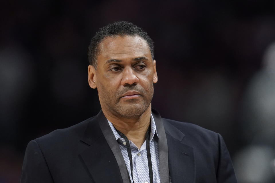 Detroit Pistons general manager Troy Weaver watches against the Indiana Pacers in the first half of an NBA basketball game in Detroit, Friday, March 4, 2022. (AP Photo/Paul Sancya)