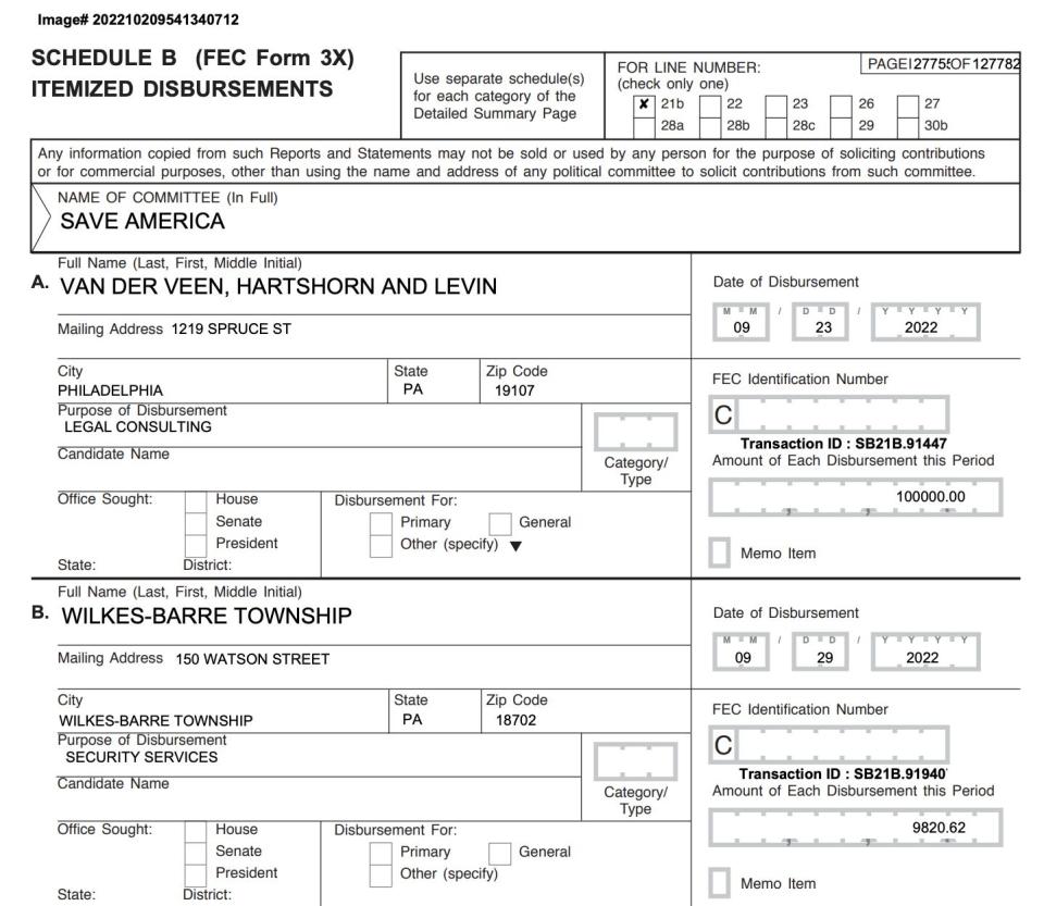 Trump Save America PAC payment image from FEC