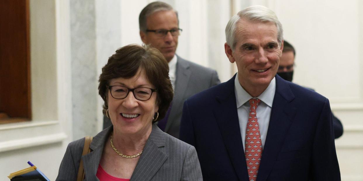 Republican Sens. Susan Collins of Maine and Rob Portman of Ohio at the Capitol on October 7, 2021.