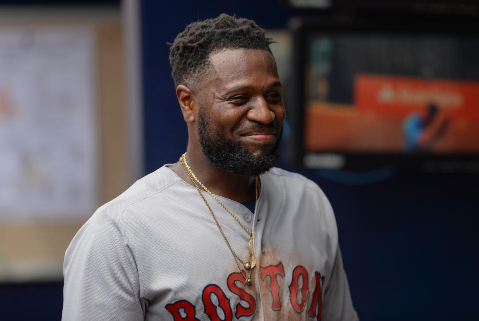 Brandon Phillips smiles during the Red Sox’s 9-8 comeback win over the Braves. (Getty Images)