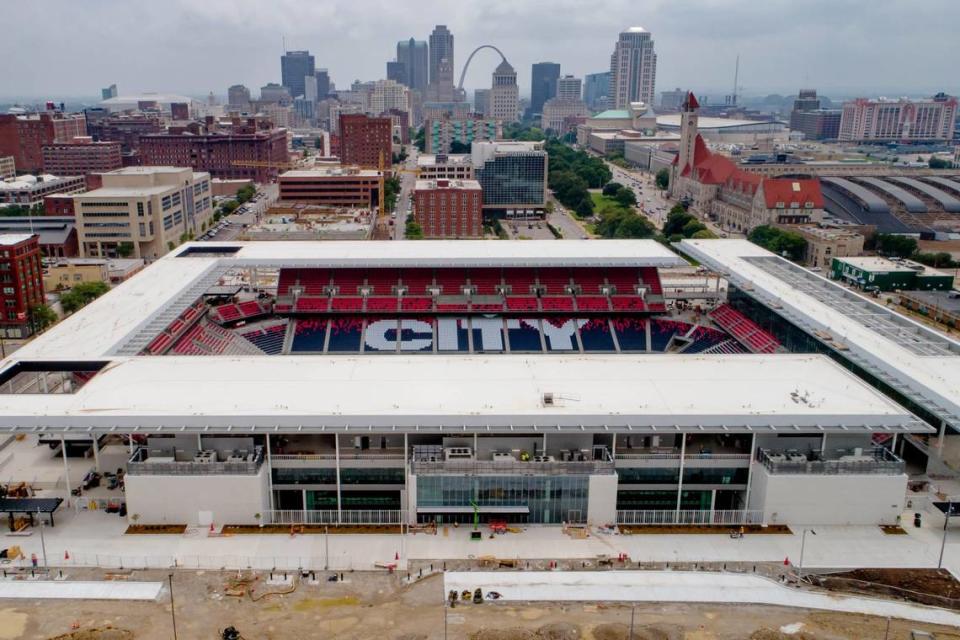 Construction surrounds St. Louis City SC’s Centene Field on Aug. 5 in Downtown West. The team is slated to play its first game in 2023.