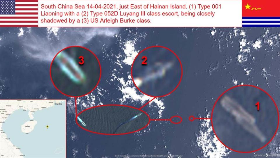 哨兵2號於4月14日拍到的遼寧艦編隊在海南島附近的衛星影像，1為遼寧號，2為052D（成都號或太原號），3是美軍柏克級驅逐艦，雙方靠得很近。（圖／OSINT）