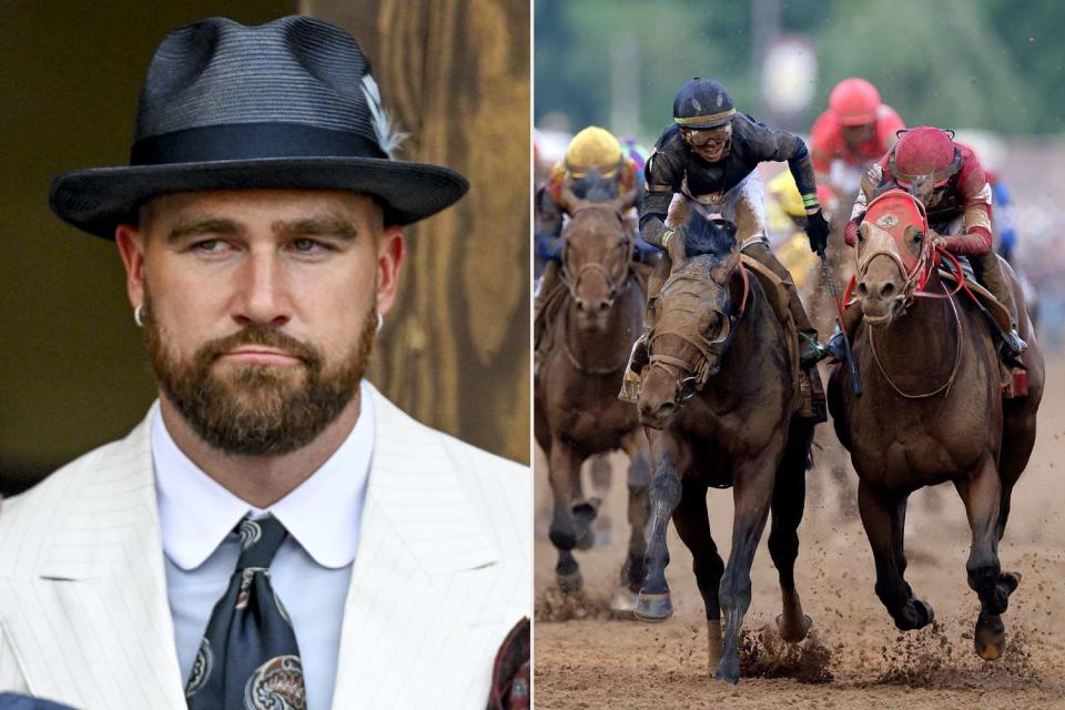 <p>Max Sharp/CSM/Shutterstock; Joe Robbins/Icon Sportswire via Getty Images</p> Travis Kelce at the Kentucky Derby