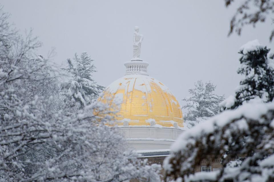 The snow-covered golden dome of the Vermont State House is visible through the trees in Montpelier on Jan. 17.