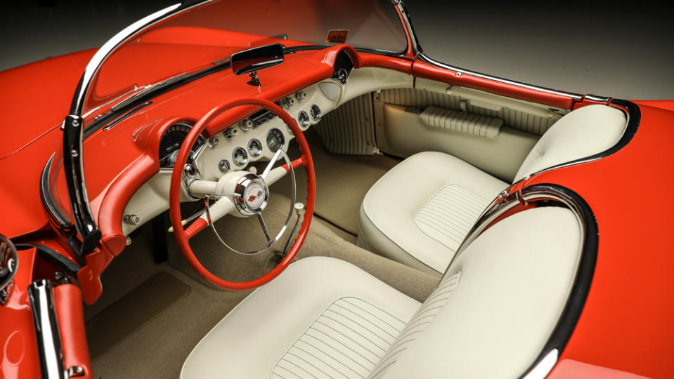 The interior of a 1955 Chevrolet Corvette Roadster.