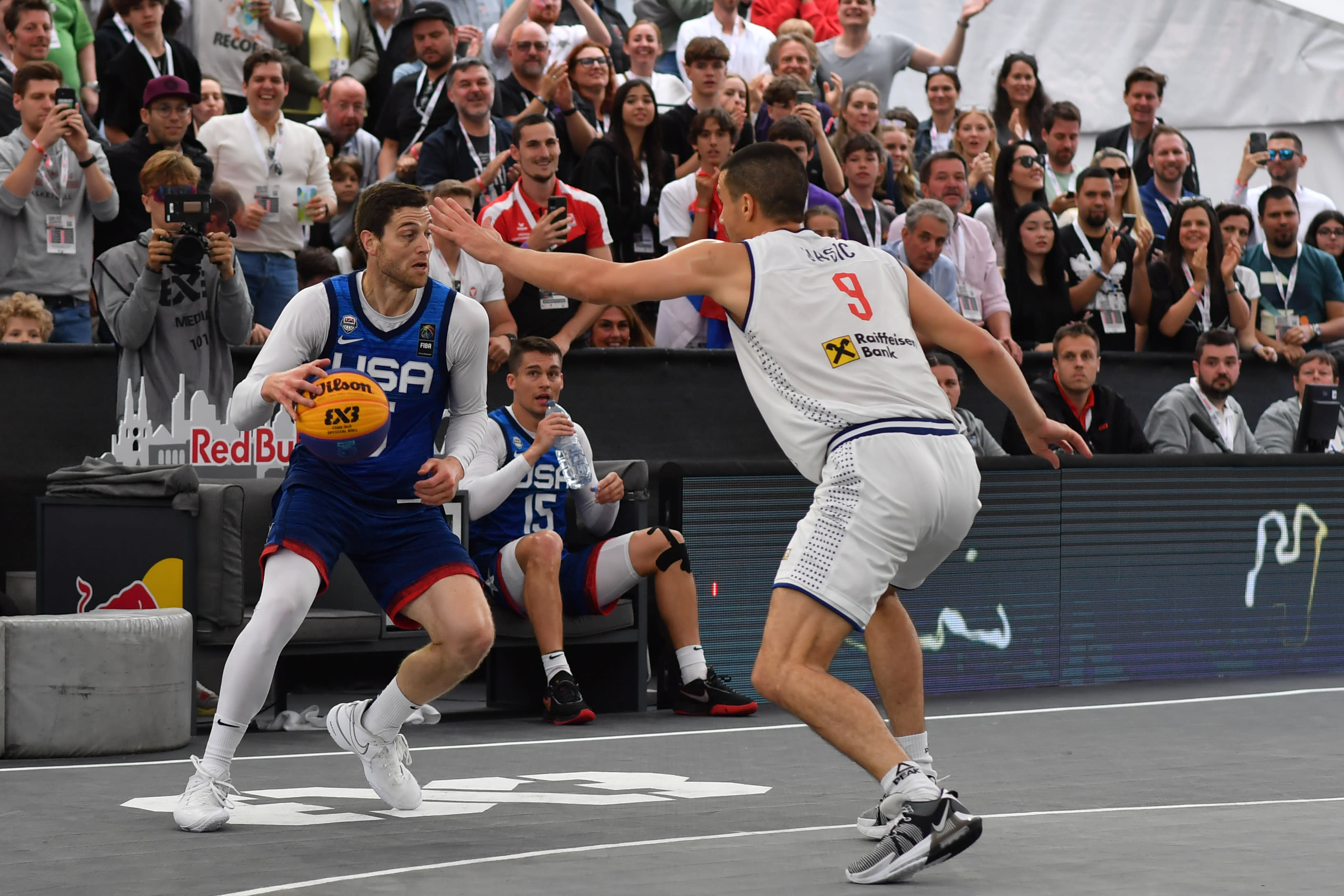 VIENNA, AUSTRIA  JUNE 4: Jimmer Fredette of the USA vies with Mihailo Vasic of Serbia in the men's final match between Serbia and the USA  on Day 6 of the FIBA 3x3 World cup at Rathausplatz on June 4, 2023 in Vienna, Austria. (Photo by Andrea Kareth /SEPA.Media /Getty Images)