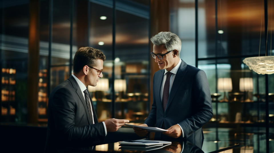 A well-dressed executive discussing financial strategy with a client in a busy office.