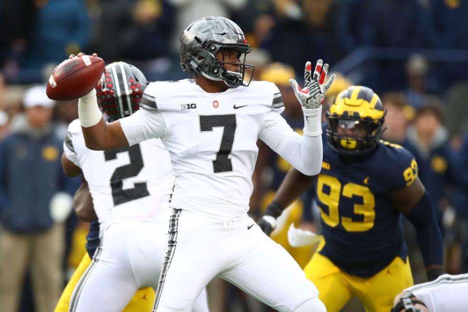ANN ARBOR, MI - NOVEMBER 25: Dwayne Haskins #7 of the Ohio State Buckeyes looks to throw a pass in the second half against the Michigan Wolverines on November 25, 2017 at Michigan Stadium in Ann Arbor, Michigan. (Photo by Gregory Shamus/Getty Images)