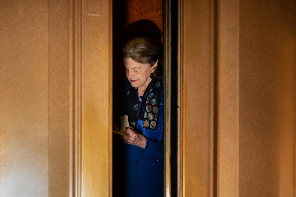 Sen. Dianne Feinstein, D-Calif., leaves the Senate Chamber following a vote at the Capitol on Feb. 14, 2023. (Kent Nishimura / Los Angeles Times via Getty Images file)