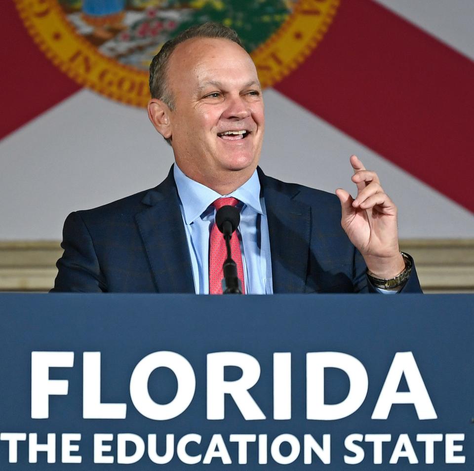 Richard Corcoran, president of New College of Florida, talks during a Monday, May 15th, 2023, press conference during the signing of legislation impacting the state's colleges and universities by Gov. Ron DeSantis, off camera.