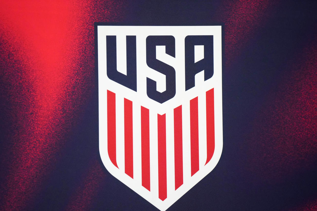 Jan 27, 2023; Carson, CA, USA; A USA Soccer logo at a press conference at Dignity Health Sports Park. Mandatory Credit: Kirby Lee-USA TODAY Sports