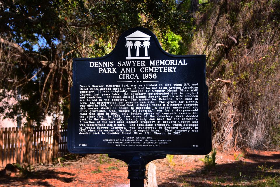 A marker is being dedicated during Black History Month 2022 at the Dennis Sawyer Memorial Park and Cemetery, a Black burial site in a Merritt Island neighborhood off North Tropical Trail.