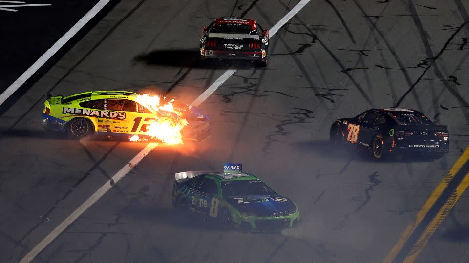 Ryan Blaney's car (No. 12) in flames during one of Thursday's qualifying Duel races. - Jared C. Tilton/Getty Images