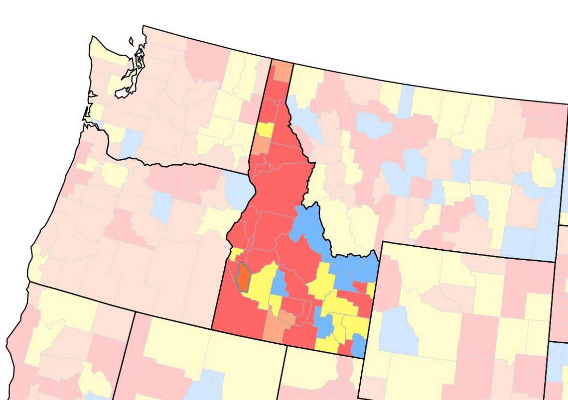 The U.S. Centers for Disease Control and Prevention’s COVID-19 community-transmission map by county, captured Saturday, Jan. 14. In this screenshot, Ada County is highlighted with a thicker border. Green means low transmission, yellow means moderate transmission, orange means substantial transmission and red means high transmission.