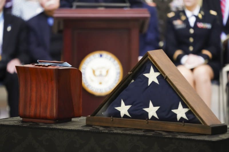 An urn bearing the remains of retired Army Colonel Ralph Puckett Jr., the last surviving Medal of Honor recipient for acts performed during the Korean War, is seen in the Rotunda at the U.S. Capitol in Washington D.C. on Monday. Pool Photo by Shawn Thew/UPI