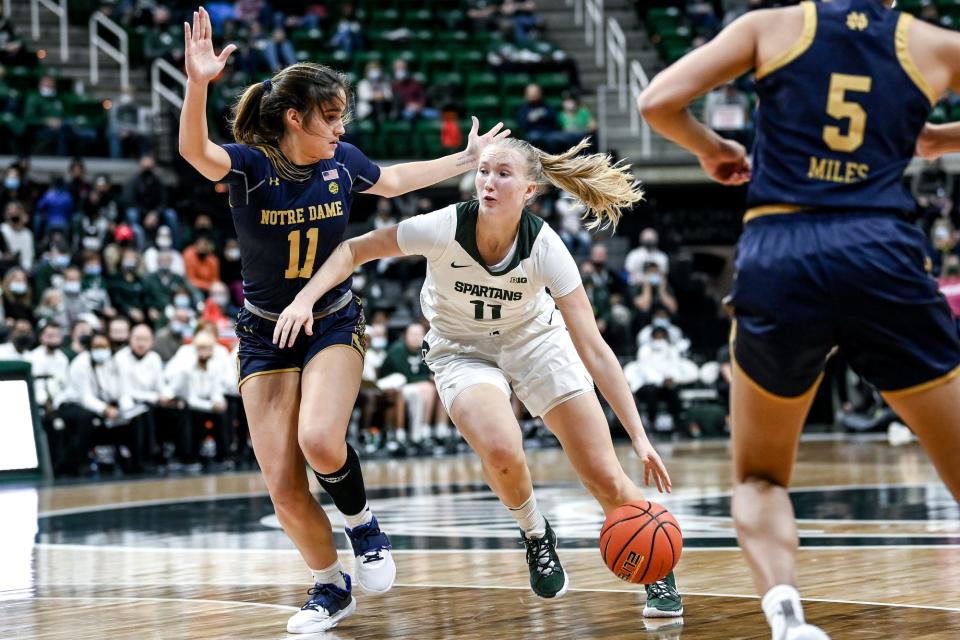 Michigan State's Matilda Ekh, right, moves around Notre Dame's Matilda Ekh during the first quarter on Thursday, Dec. 2, 2021, at the Breslin Center in East Lansing.