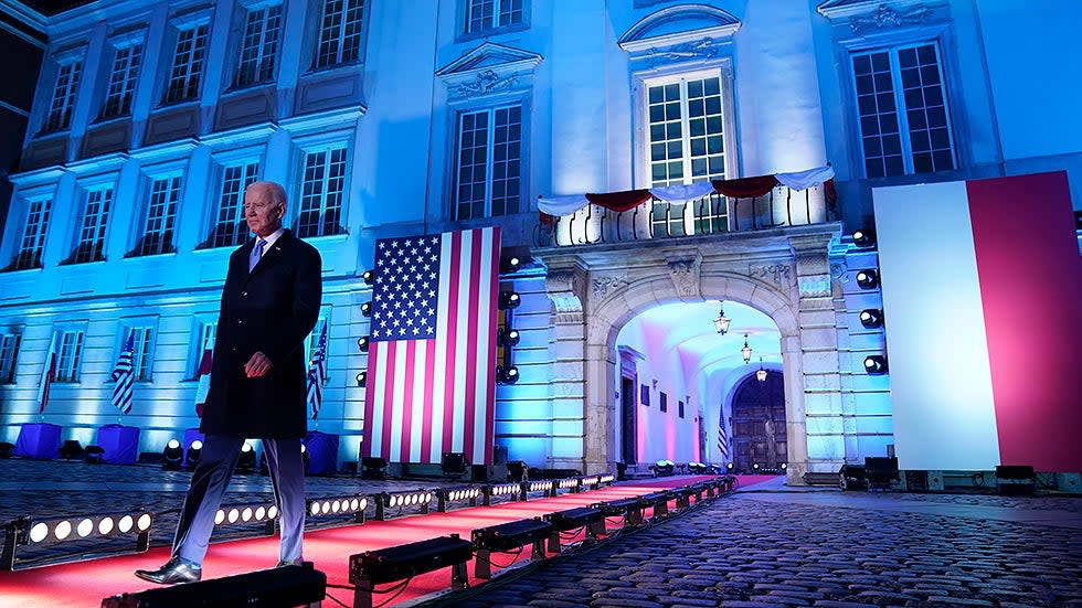President Joe Biden arrives to speak about the Russian invasion of Ukraine, at the Royal Castle, Saturday, March 26, 2022, in Warsaw, Poland.