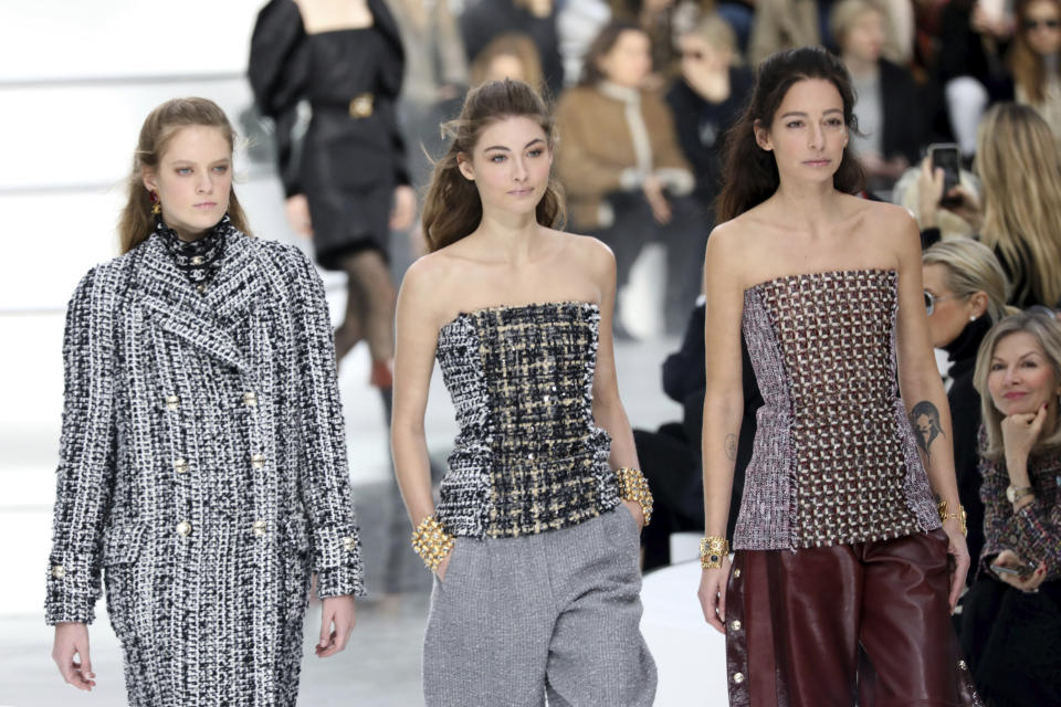 Models wear creations for the Chanel fashion collection during Women's fashion week Fall/Winter 2020/21 presented in Paris, Tuesday, March 3, 2020. (Photo by Vianney Le Caer/Invision/AP)