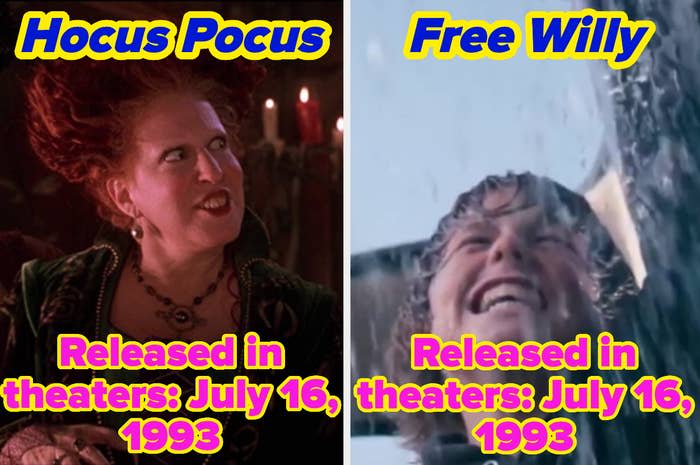 split image, where on the left, it reads "Hocus Pocus, released in theaters on July 16, 1993" and on the right, "Free Willy, released in theaters on July 16, 1993"