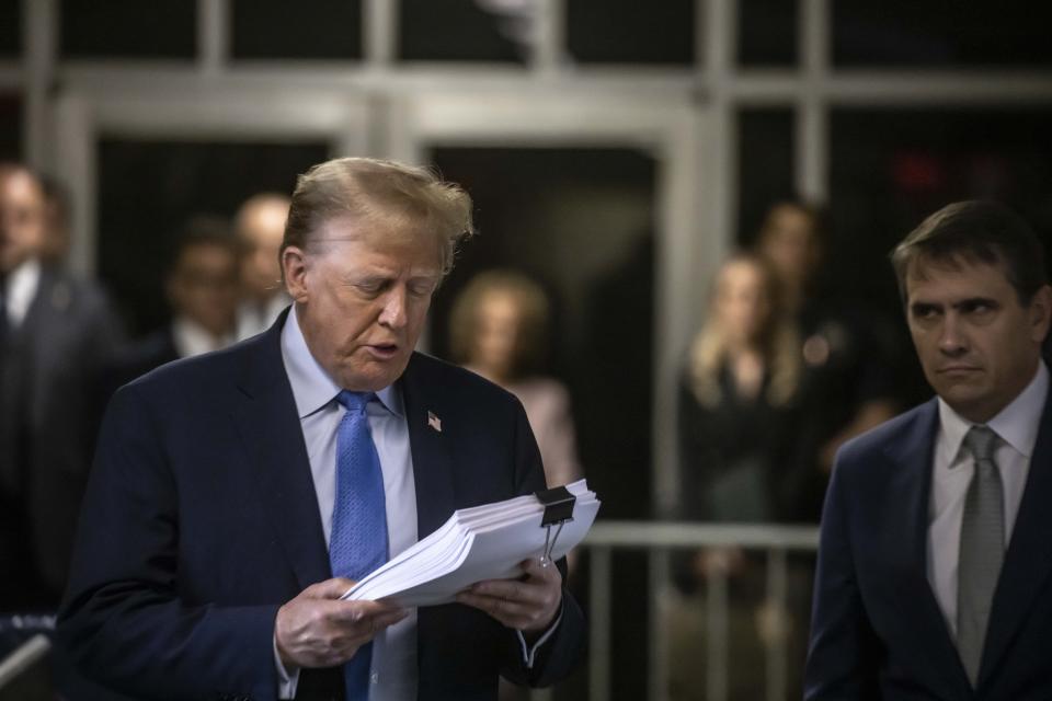 Former President Donald Trump arrives at Manhattan criminal court before his trial in New York, Friday, April 26, 2024. (Dave Sanders/The New York Times via AP, Pool)