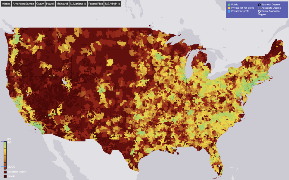 The concentration of higher education institutions across the U.S., based on whether they were accessible within 30 mins, if one was driving. Red indicates that they were few or no schools within that range, green indicates the opposite. (Graphic: Jain Family Foundation)