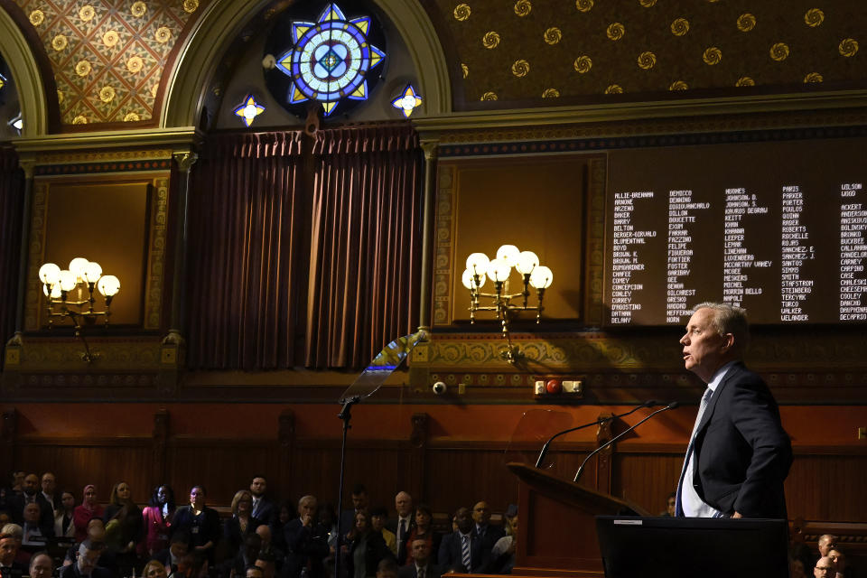 Connecticut Gov. Ned Lamont delivers the State of the State address at the State Capitol, Wednesday, Feb. 7, 2024, in Hartford, Conn. (AP Photo/Jessica Hill)