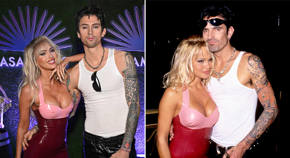 Megan Fox and Machine Gun Kelly dressed as Pamela Anderson and Tommy Lee for Halloween. (Getty Images)