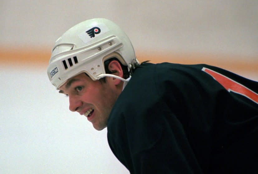 Dale Hawerchuk, a forward with the Philadelphia Flyers, takes a rest during practice at the Coliseum in Voorhees, N.J., Tuesday, April 30, 1996. Hawerchuk, a hockey phenom who became the face of the Winnipeg Jets en route to the Hall of Fame, has died at the age of 57 after a battle with cancer. The Ontario Hockey League's Barrie Colts, a team Hawerchuk coached, confirmed the death on Twitter on Tuesday, Aug. 18, 2020. (AP Photo/Nanine Hartzenbusch)