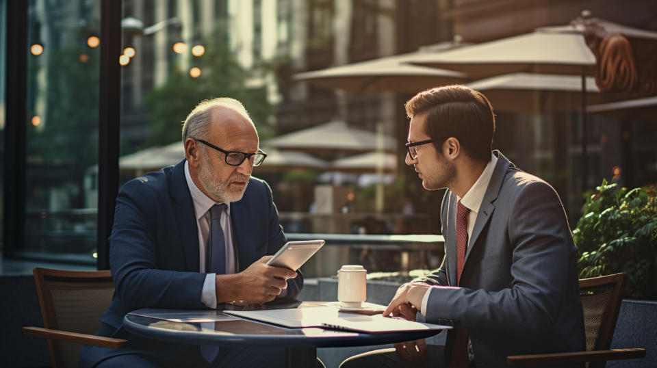 A global investment advisor discussing their innovative fund offerings with a client.