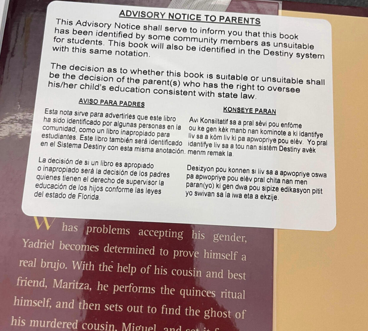 An advisory notice to parents placed on over 100 books in public schools in Collier County (Courtesy Stephana Ferrell/Florida Freedom to Read Project)