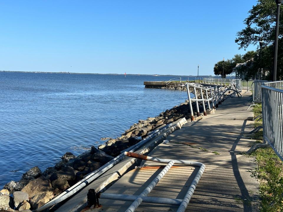 The seawall at Wayside Park in Pensacola remains a twisted wreck more than two years after Hurricane Sally.