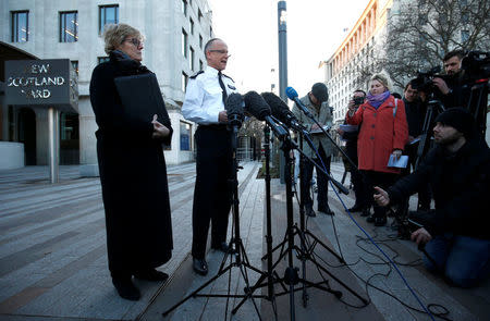 Assistant Commissioner Mark Rowley from the Metropolitan Police, together with Chief Medical Officer Sally Davies, make a statement to the press concerning Sergei Skripal and his daughter Yulia who were poisoned by a nerve agent in the centre of Salisbury, outside Scotland Yard in central London, Britain, March 7, 2018. REUTERS/Henry Nicholls