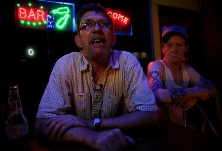 American James John Goodman (L), 51, and Christopher Lamb, 48, answer questions during a Reuters interview outside a bar in Subic, north of Manila, Philippines November 10, 2017. REUTERS/Romeo Ranoco