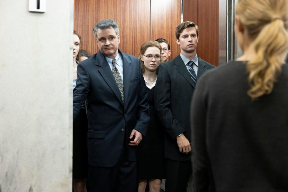 Colin Firth as Michael Peterson, Odessa Young as Margaret Ratliff and Patrick Schwarzenegger as Todd Peterson in "The Staircase."