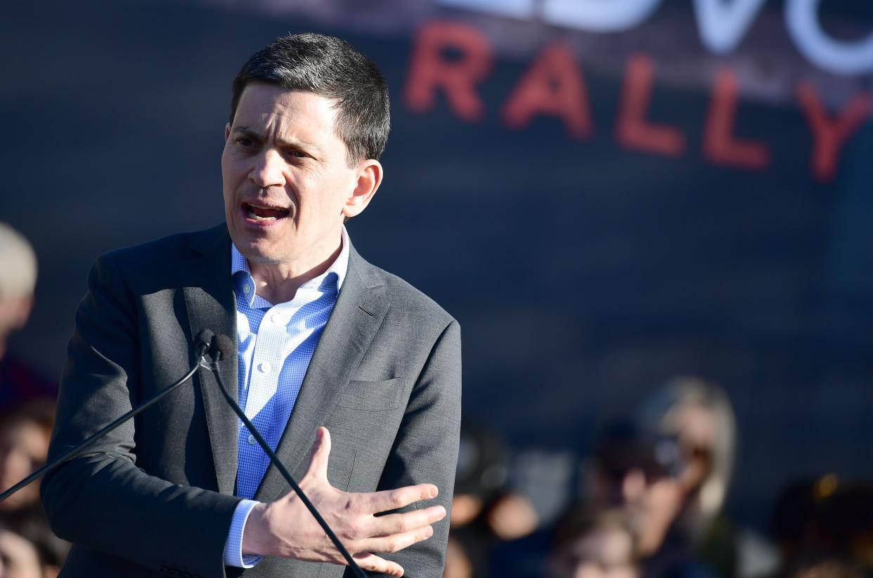 David Milliband speaking at the United Voices Rally, hosted by UTA, in Beverley Hills, USA, opposing US president Donald Trump's proposed travel ban, two days before the Academy Awards. (Photo by Ian West/PA Images via Getty Images)