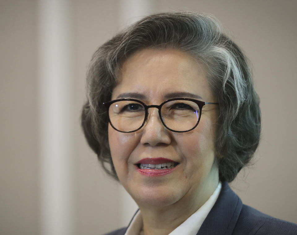 U.N. Special Rapporteur for Human Rights in Myanmar, Lee Yanghee, smiles during a press conference in Kuala Lumpur, Thursday, July 18, 2019. U.N. envoy Lee said the U.S. didn't "go far enough" in sanctions against four top Myanmar generals over the mass killings of Rohingya Muslims. (AP Photo/Vincent Thian)