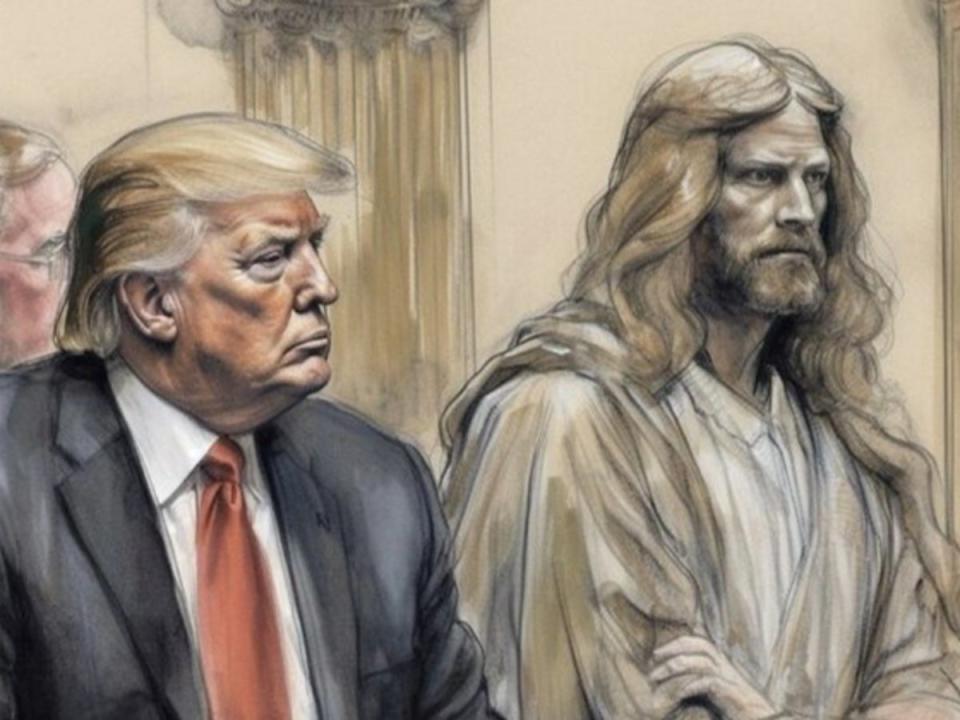 The AI image Donald Trump posted of a mock court sketch, in which Jesus Christ sits alongside him (Dom Lucre/X)