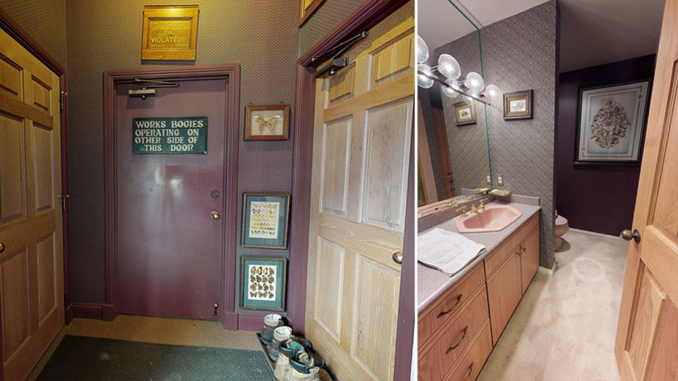 Pictured left is a photo of a dark red door with a sign on it and on the right is a carpeted bathroom.