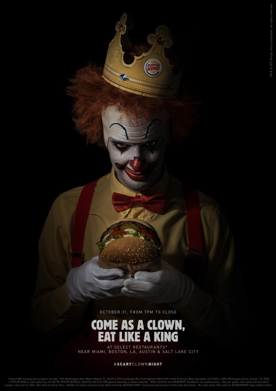 Select Burger King restaurants will hand out free Whopper sandwiches to up to 2,500 people dressed like clowns this Halloween. (Photo: Burger King)