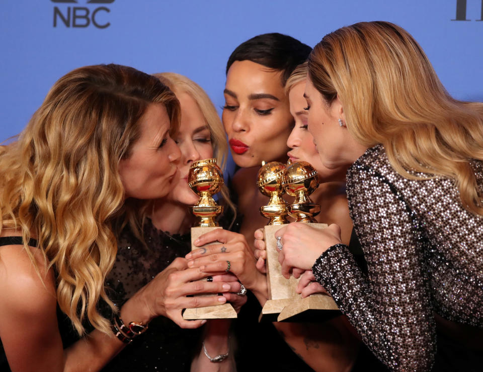 75th Golden Globe Awards – Photo Room – Beverly Hills, California, U.S., 07/01/2018 – (L-R) Laura Dern, Nicole Kidman, Zoe Kravitz, Reese Witherspoon and Shailene Woodley pose backstage after winning the award for Best Television Limited Series or Motion Picture Made for Television for 